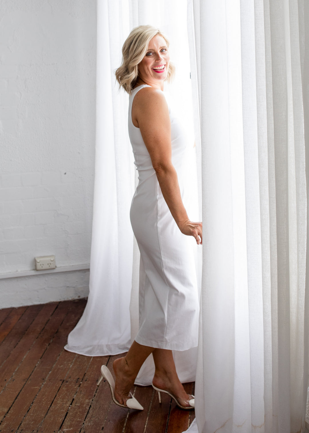 Philosophy Australia Tiffany super stretch Bengaline midi sheath dress in white, made in Australia
