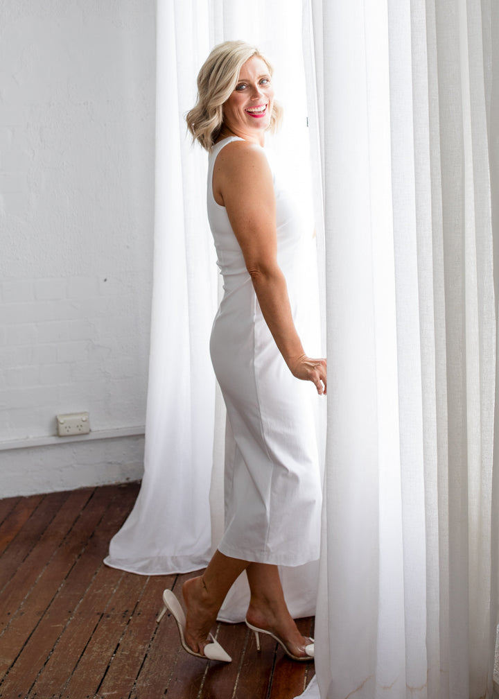 Philosophy Australia Tiffany super stretch Bengaline midi sheath dress in white, made in Australia