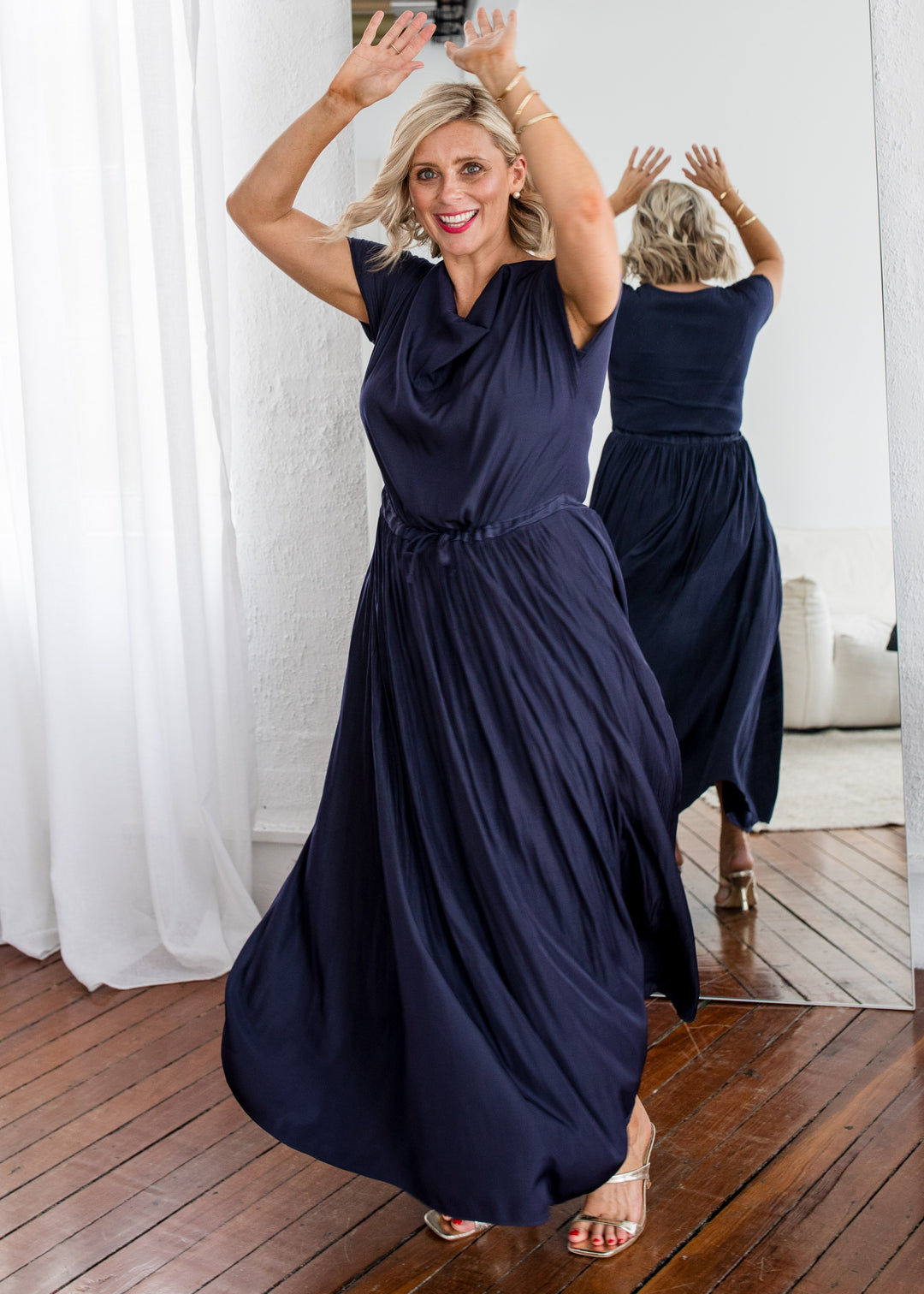 Philosophy Australia Revolver Lustre technical cowl maxi dress in navy, sustainable slow fashion made in Australia