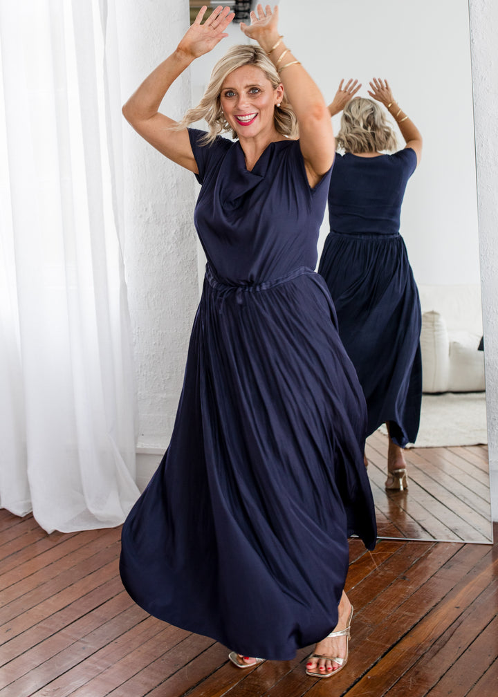 Philosophy Australia Revolver Lustre technical cowl maxi dress in navy, sustainable slow fashion made in Australia