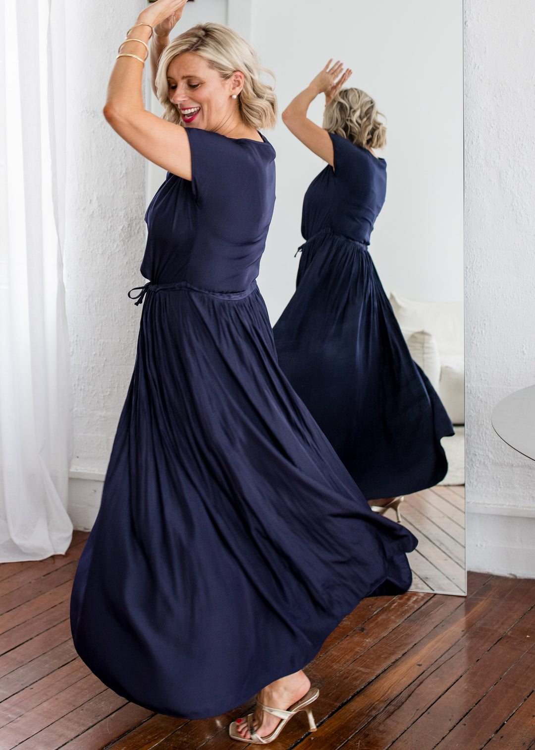 Philosophy Australia Revolver Lustre technical cowl maxi dress in navy, sustainable slow fashion made in Australia