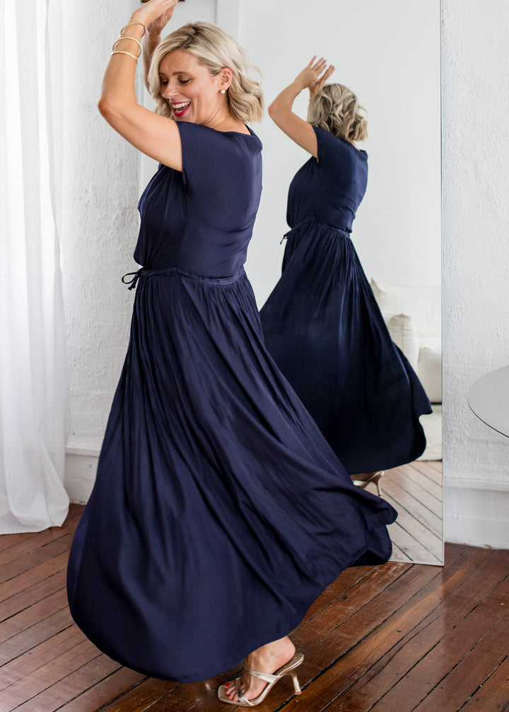 Philosophy Australia Revolver Lustre technical cowl maxi dress in navy, sustainable slow fashion made in Australia