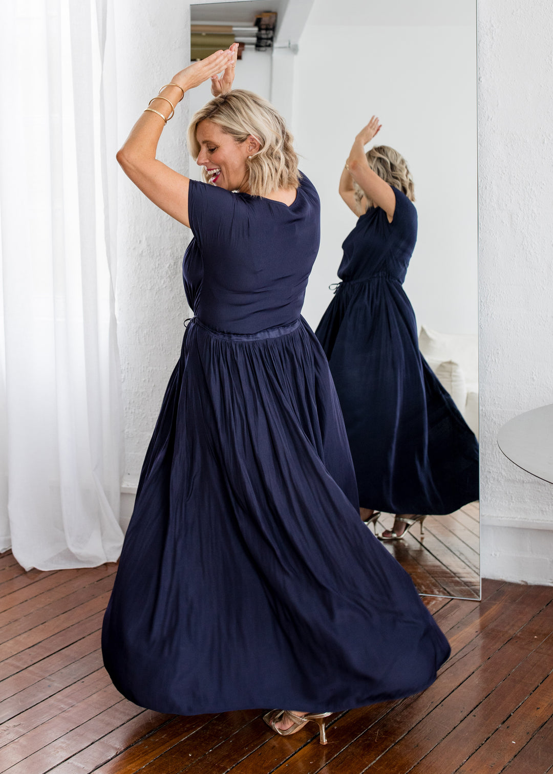 Philosophy Australia Revolver Lustre technical cowl maxi dress in navy, sustainable slow fashion made in Australia