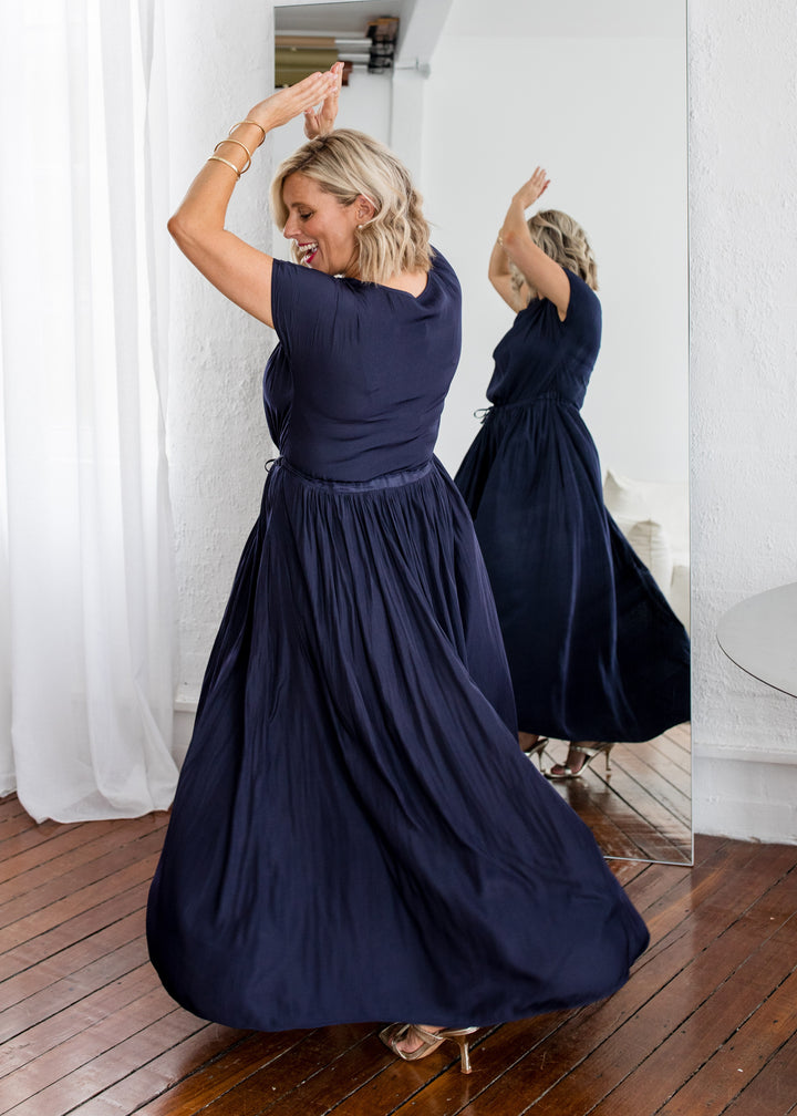 Philosophy Australia Revolver Lustre technical cowl maxi dress in navy, sustainable slow fashion made in Australia