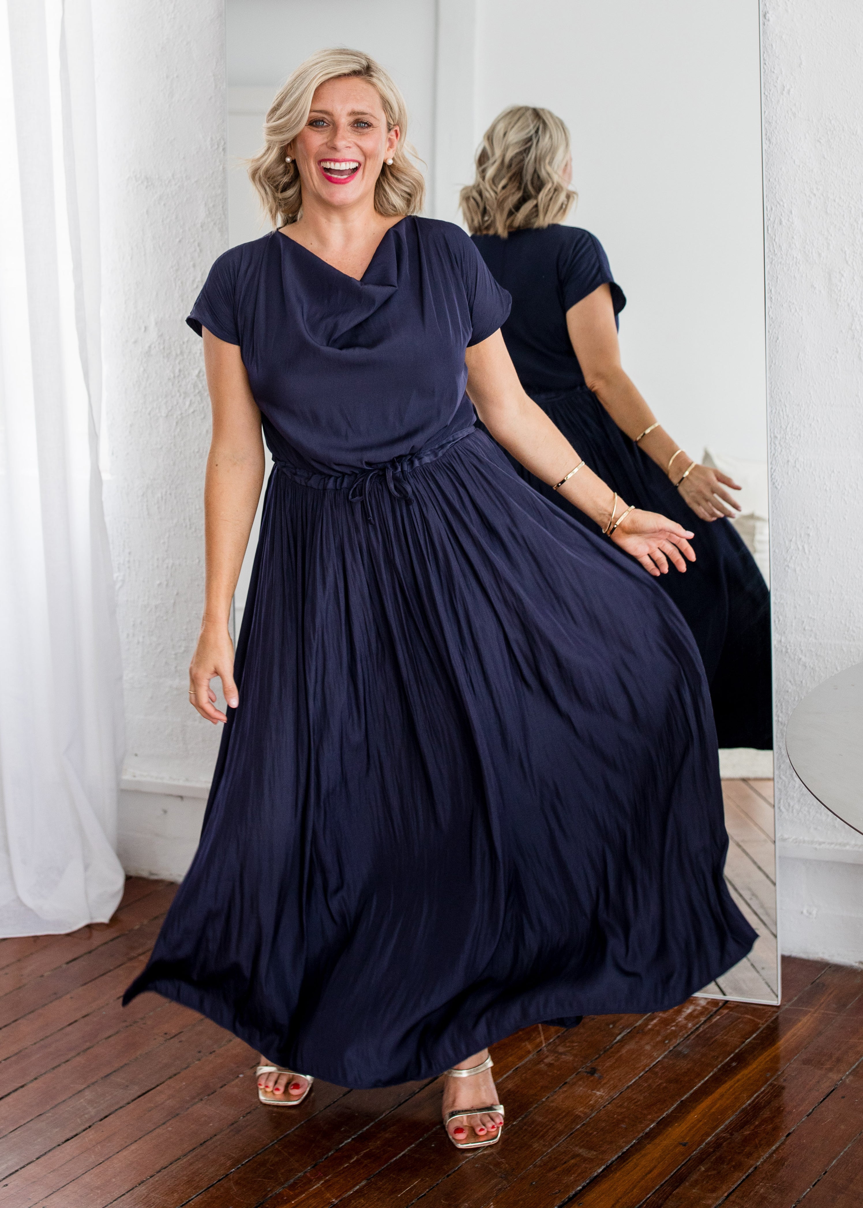 Philosophy Australia Revolver Lustre technical cowl maxi dress in navy, sustainable slow fashion made in Australia