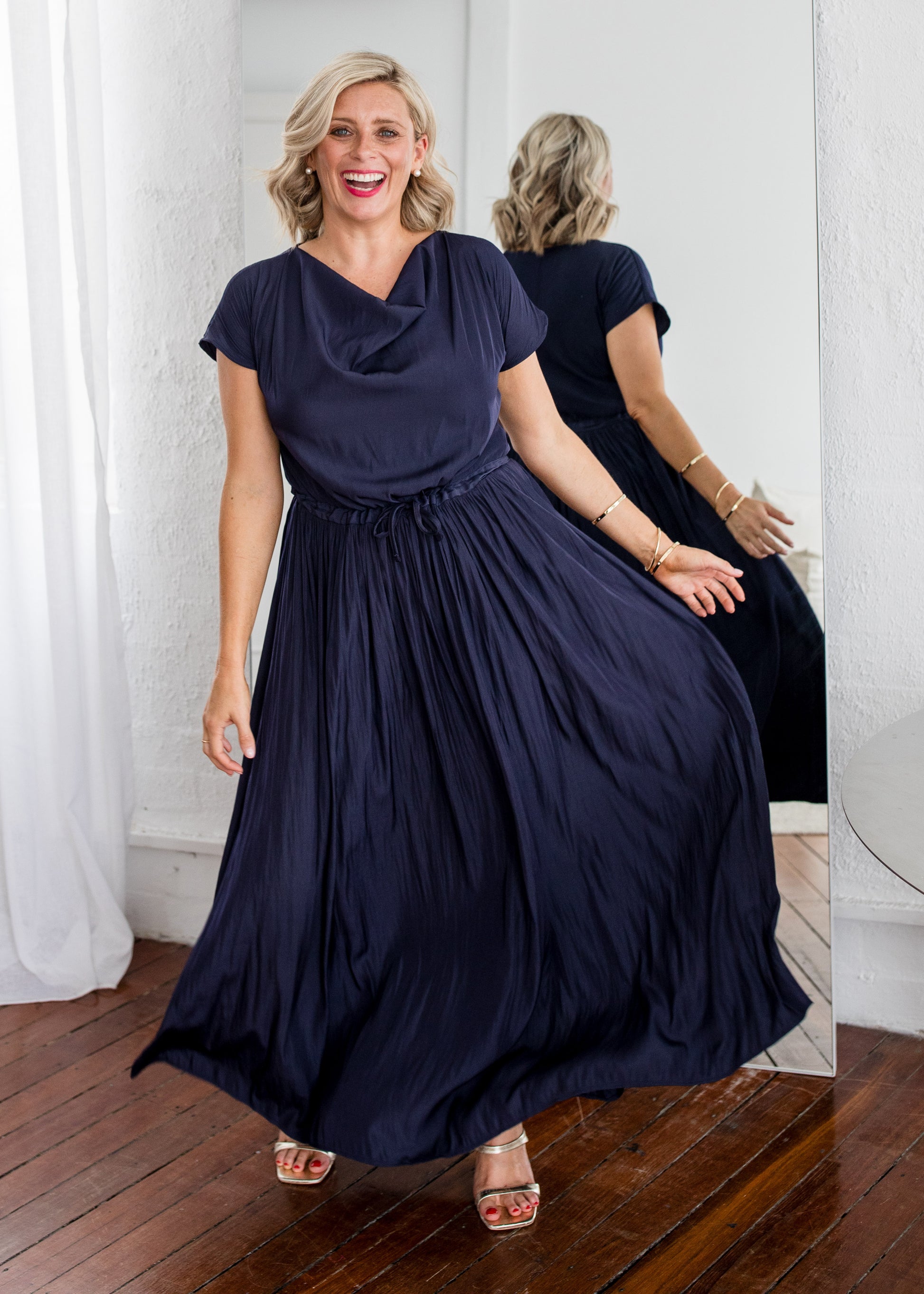 Philosophy Australia Revolver Lustre technical cowl maxi dress in navy, sustainable slow fashion made in Australia