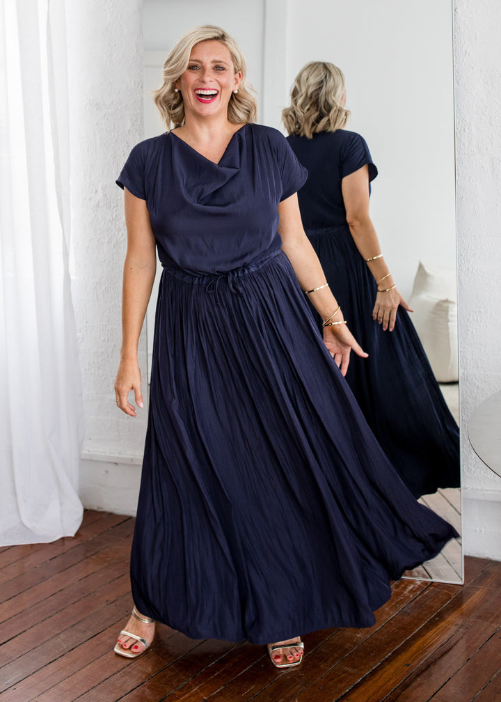 Philosophy Australia Revolver Lustre technical cowl maxi dress in navy, sustainable slow fashion made in Australia