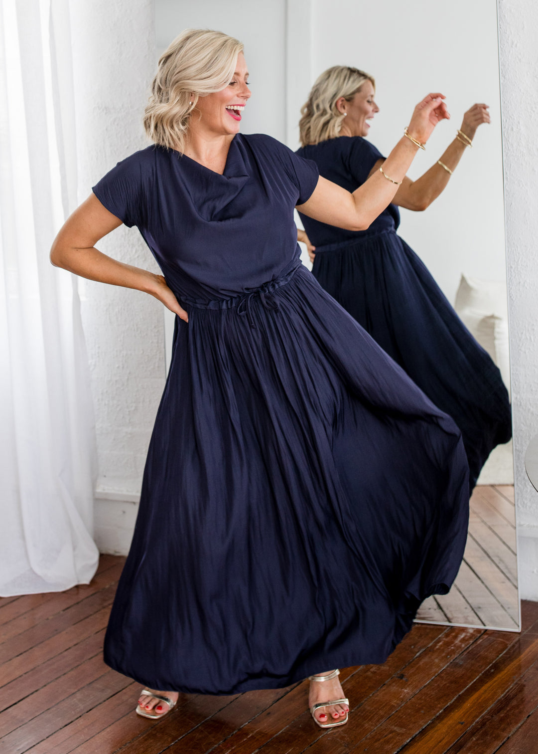 Philosophy Australia Revolver Lustre technical cowl maxi dress in navy, sustainable slow fashion made in Australia