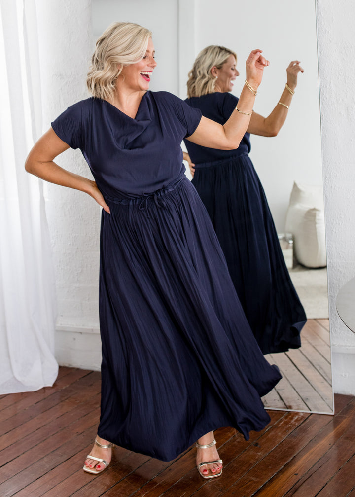 Philosophy Australia Revolver Lustre technical cowl maxi dress in navy, sustainable slow fashion made in Australia