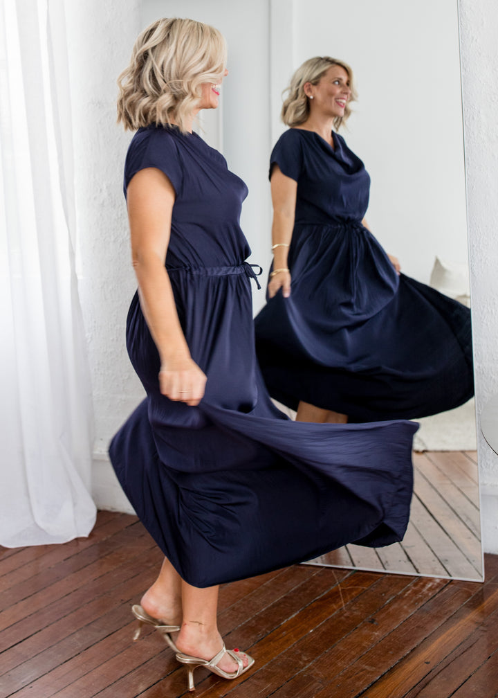Philosophy Australia Revolver Lustre technical cowl maxi dress in navy, sustainable slow fashion made in Australia