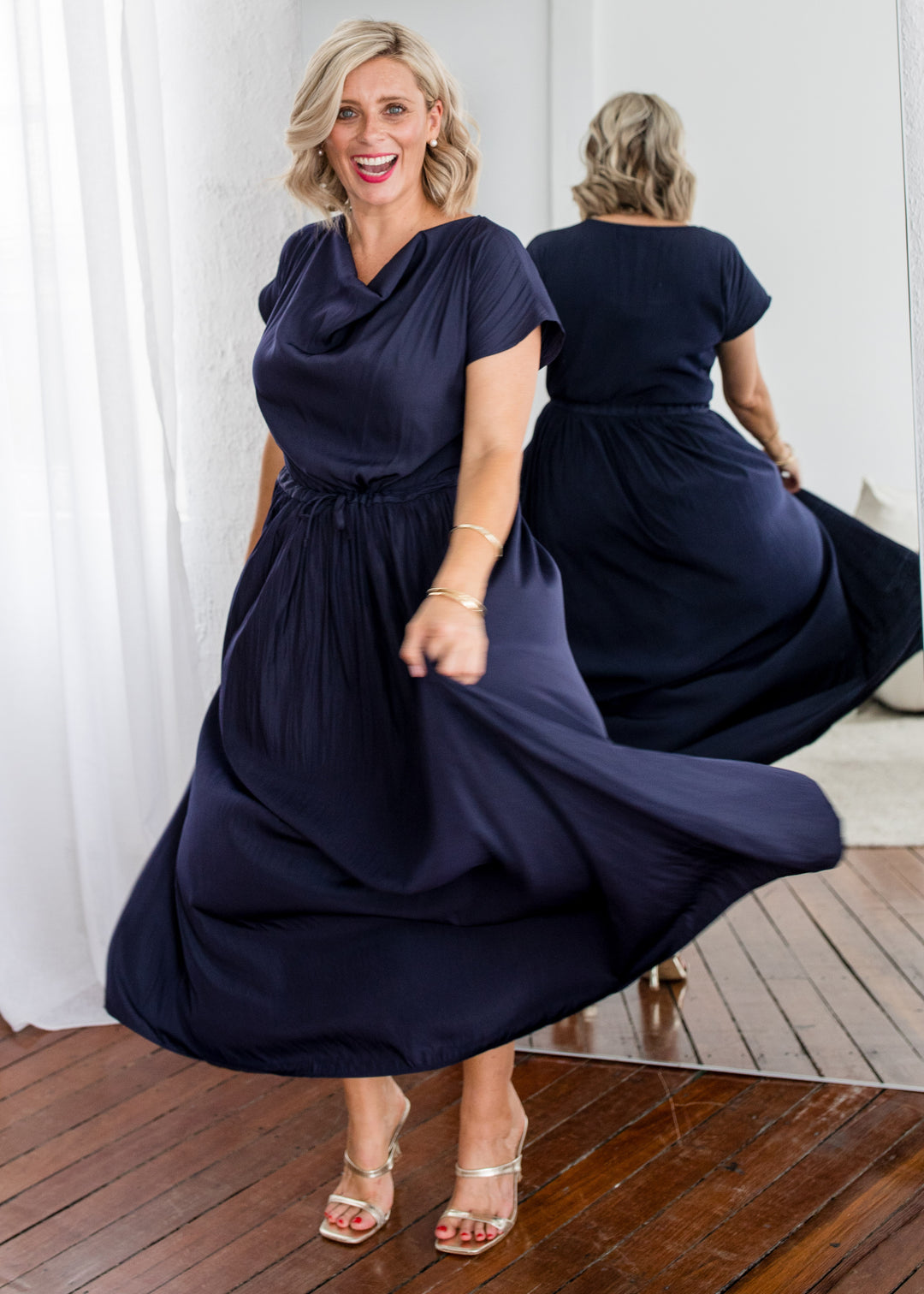 Philosophy Australia Revolver Lustre technical cowl maxi dress in navy, sustainable slow fashion made in Australia
