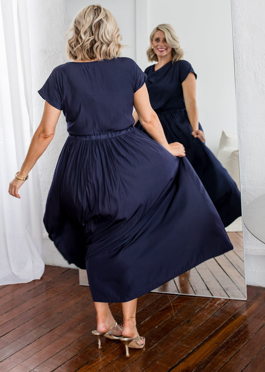 Philosophy Australia Revolver Lustre technical cowl maxi dress in navy, sustainable slow fashion made in Australia