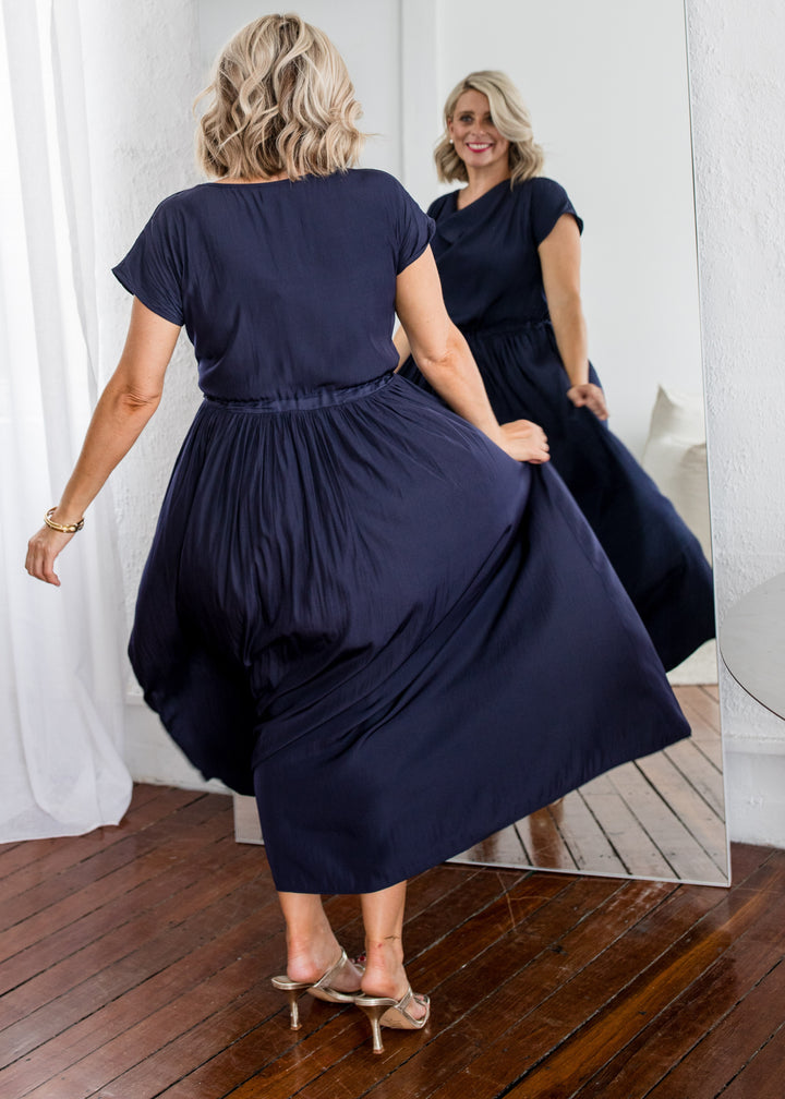 Philosophy Australia Revolver Lustre technical cowl maxi dress in navy, sustainable slow fashion made in Australia