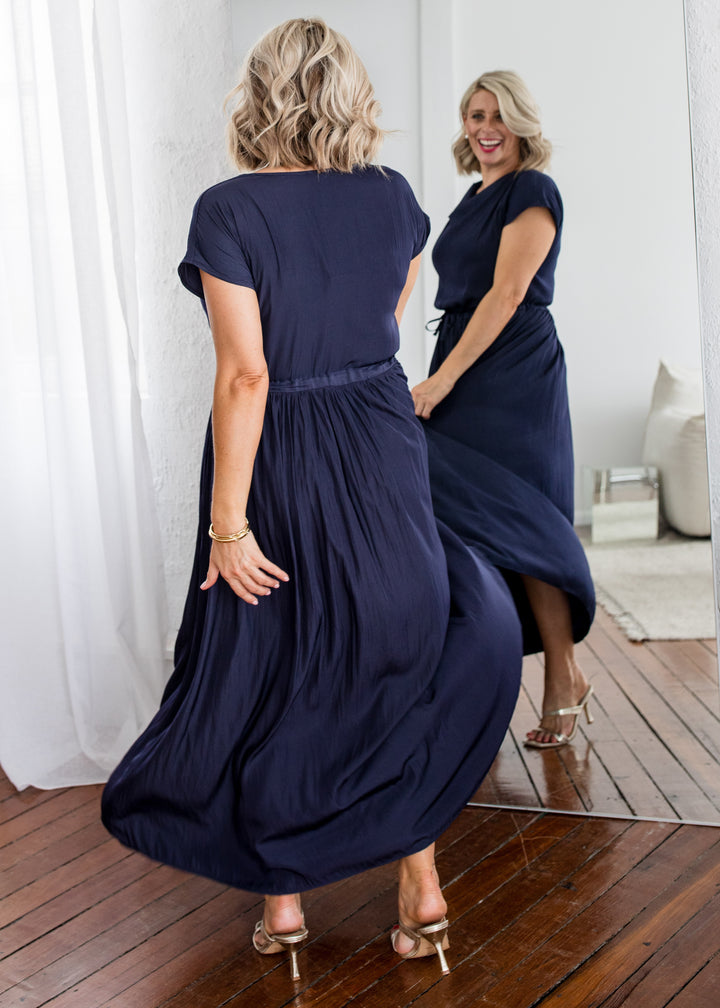 Philosophy Australia Revolver Lustre technical cowl maxi dress in navy, sustainable slow fashion made in Australia
