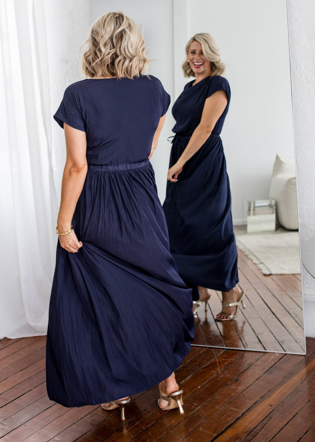 Philosophy Australia Revolver Lustre technical cowl maxi dress in navy, sustainable slow fashion made in Australia