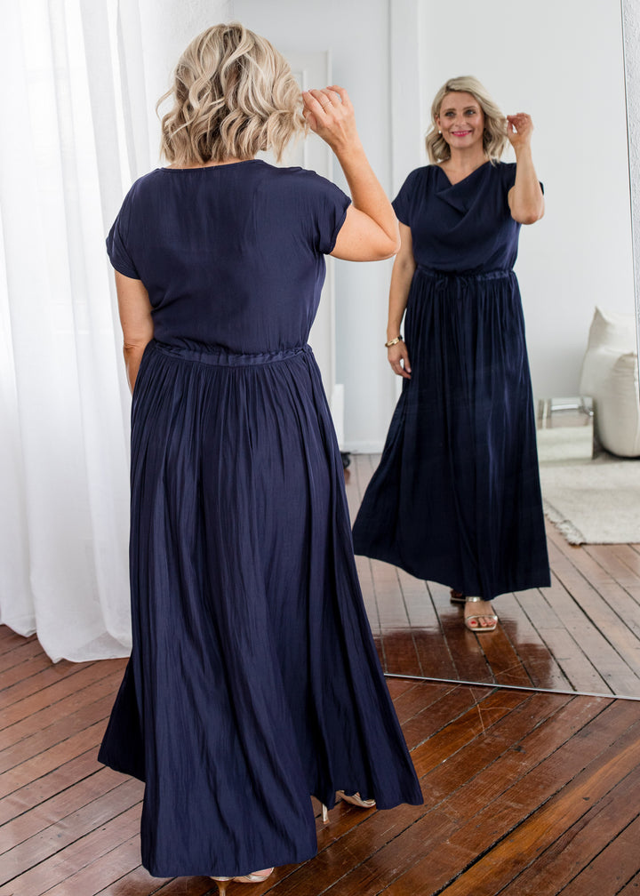 Philosophy Australia Revolver Lustre technical cowl maxi dress in navy, sustainable slow fashion made in Australia