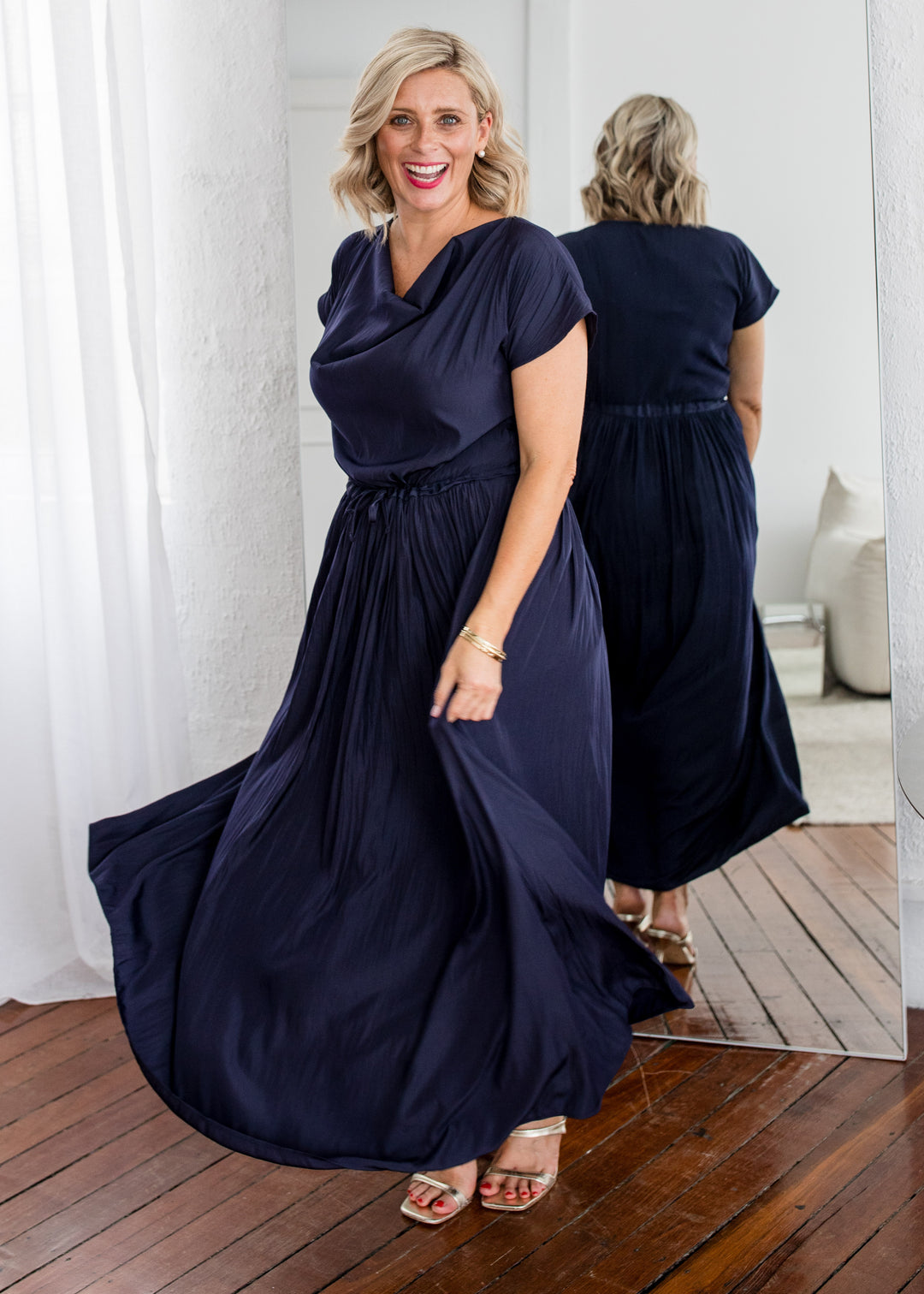 Philosophy Australia Revolver Lustre technical cowl maxi dress in navy, sustainable slow fashion made in Australia