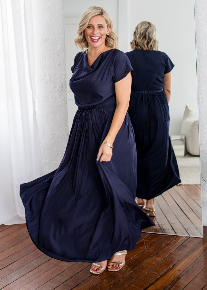 Philosophy Australia Revolver Lustre technical cowl maxi dress in navy, sustainable slow fashion made in Australia
