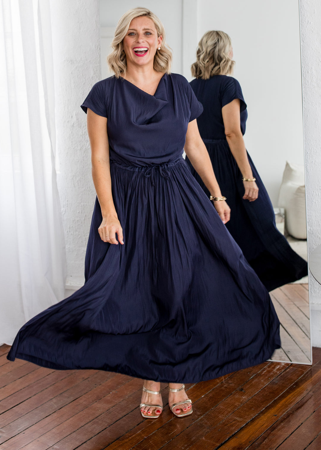 Philosophy Australia Revolver Lustre technical cowl maxi dress in navy, sustainable slow fashion made in Australia