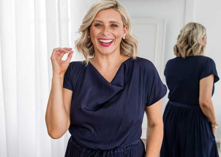 Philosophy Australia Revolver Lustre technical cowl maxi dress in navy, sustainable slow fashion made in Australia