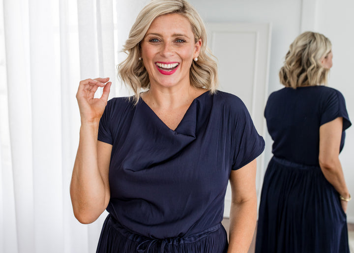 Philosophy Australia Revolver Lustre technical cowl maxi dress in navy, sustainable slow fashion made in Australia