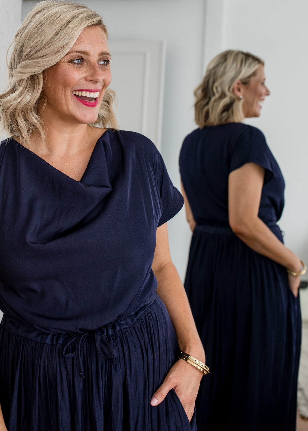 Philosophy Australia Revolver Lustre technical cowl maxi dress in navy, sustainable slow fashion made in Australia