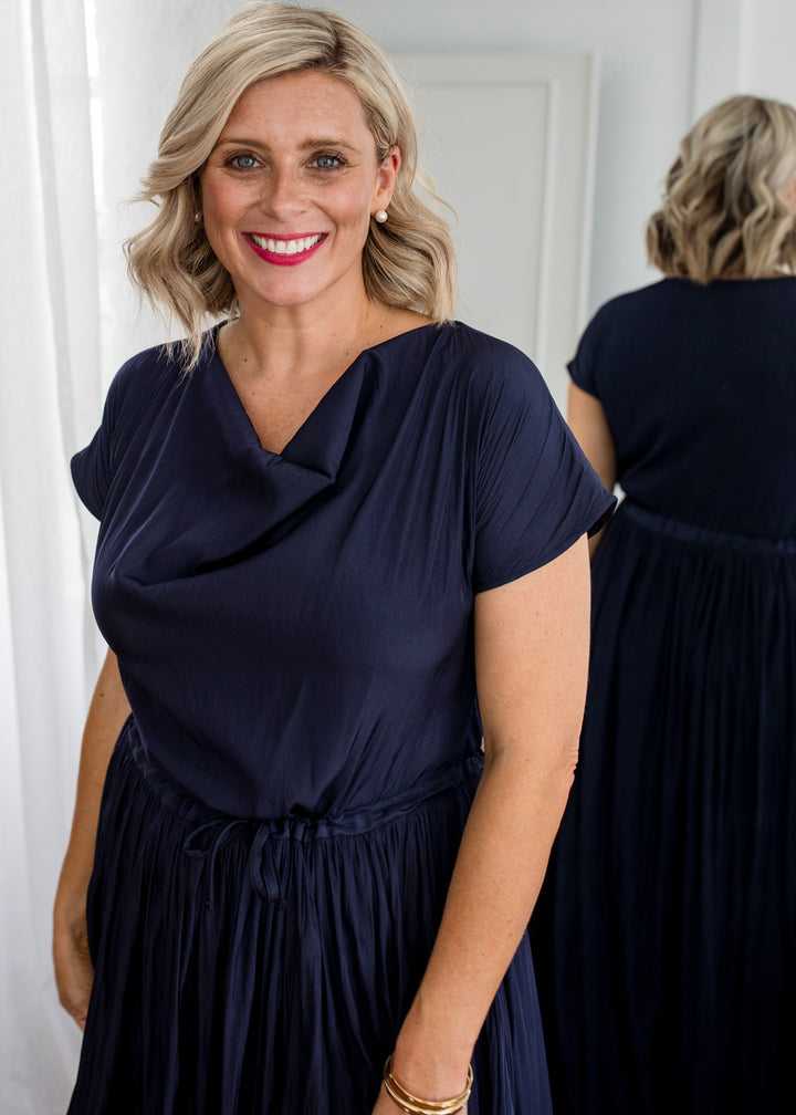 Philosophy Australia Revolver Lustre technical cowl maxi dress in navy, sustainable slow fashion made in Australia