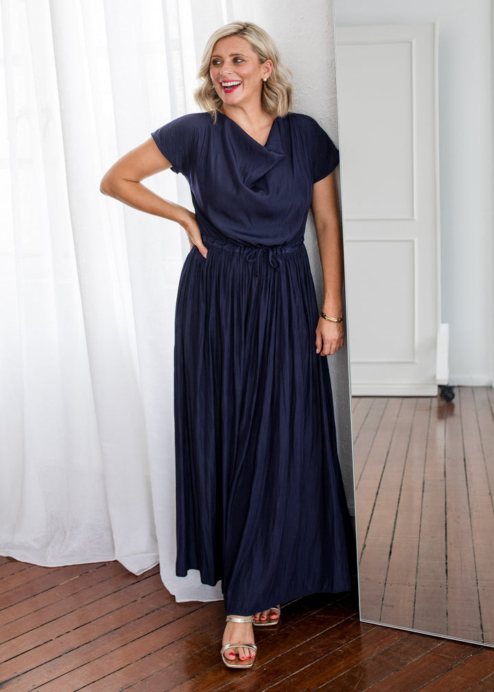 Philosophy Australia Revolver Lustre technical cowl maxi dress in navy, sustainable slow fashion made in Australia