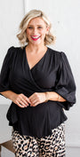Philosophy Australia Belinda Lustre billow wrap blouse in black, made in Australia
