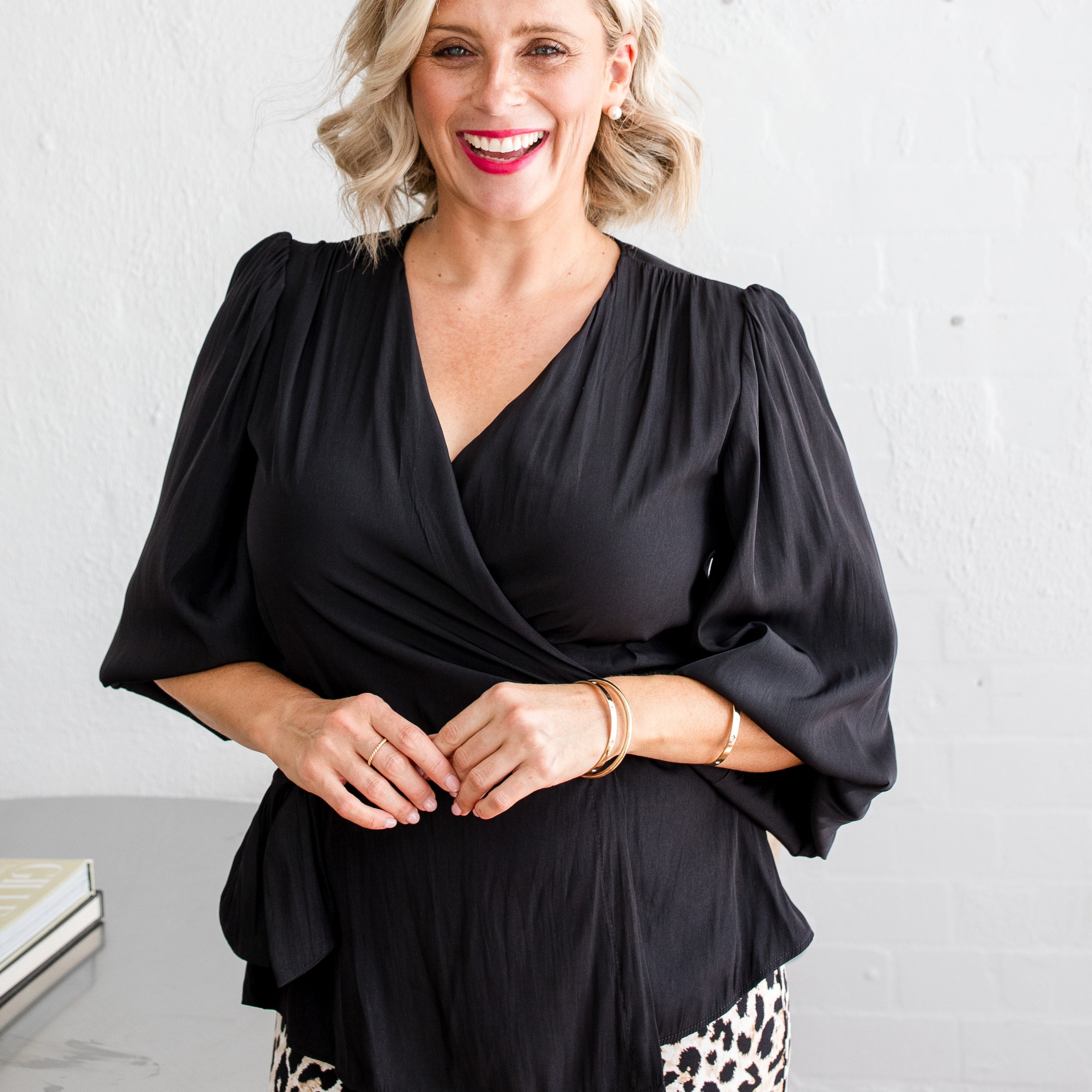 Philosophy Australia Belinda Lustre billow wrap blouse in black, made in Australia