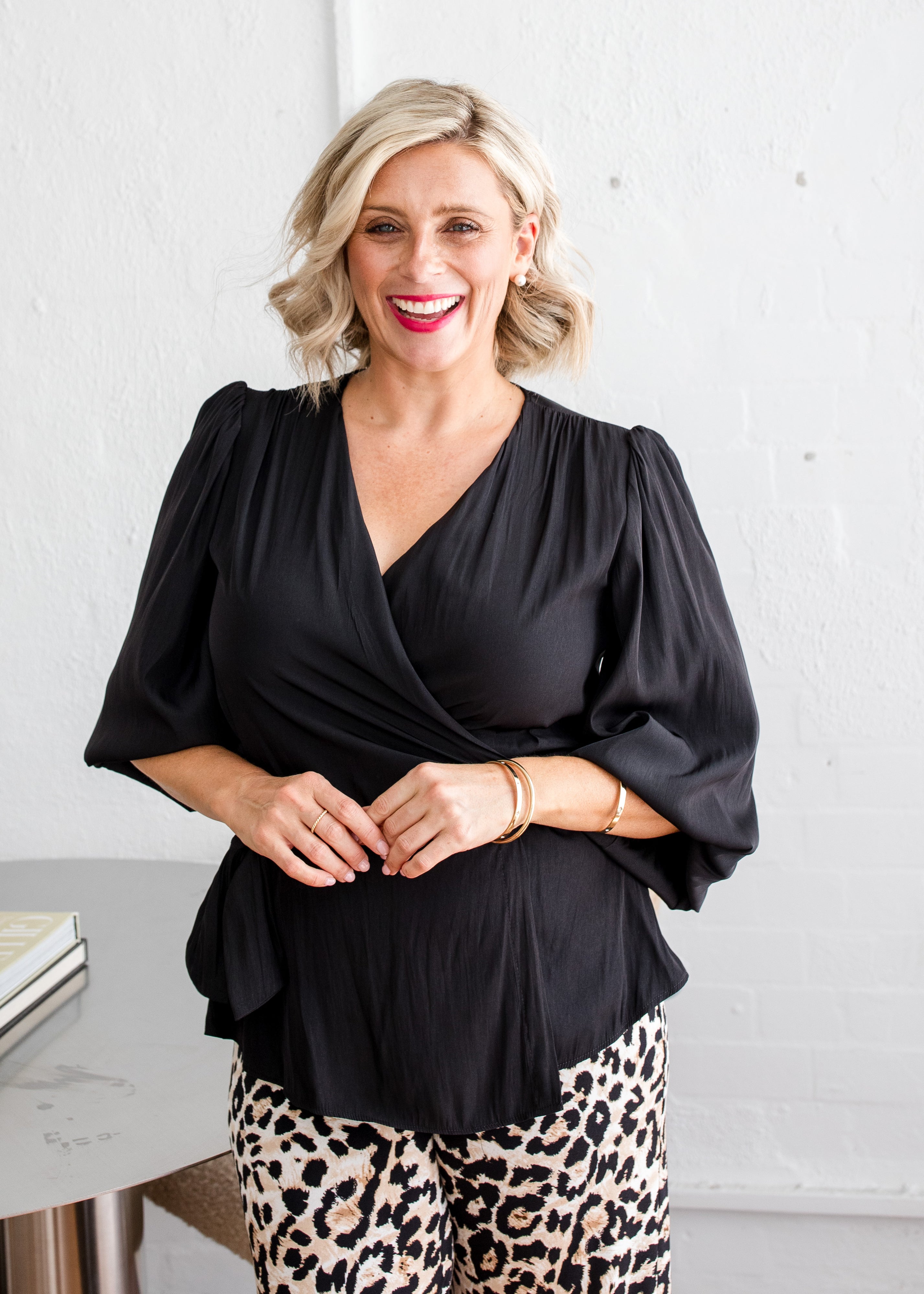 Philosophy Australia Belinda Lustre billow wrap blouse in black, made in Australia