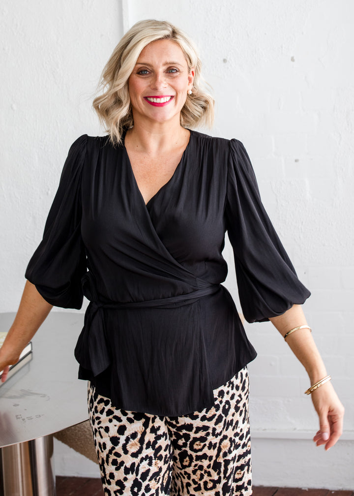 Philosophy Australia Belinda Lustre billow wrap blouse in black, made in Australia