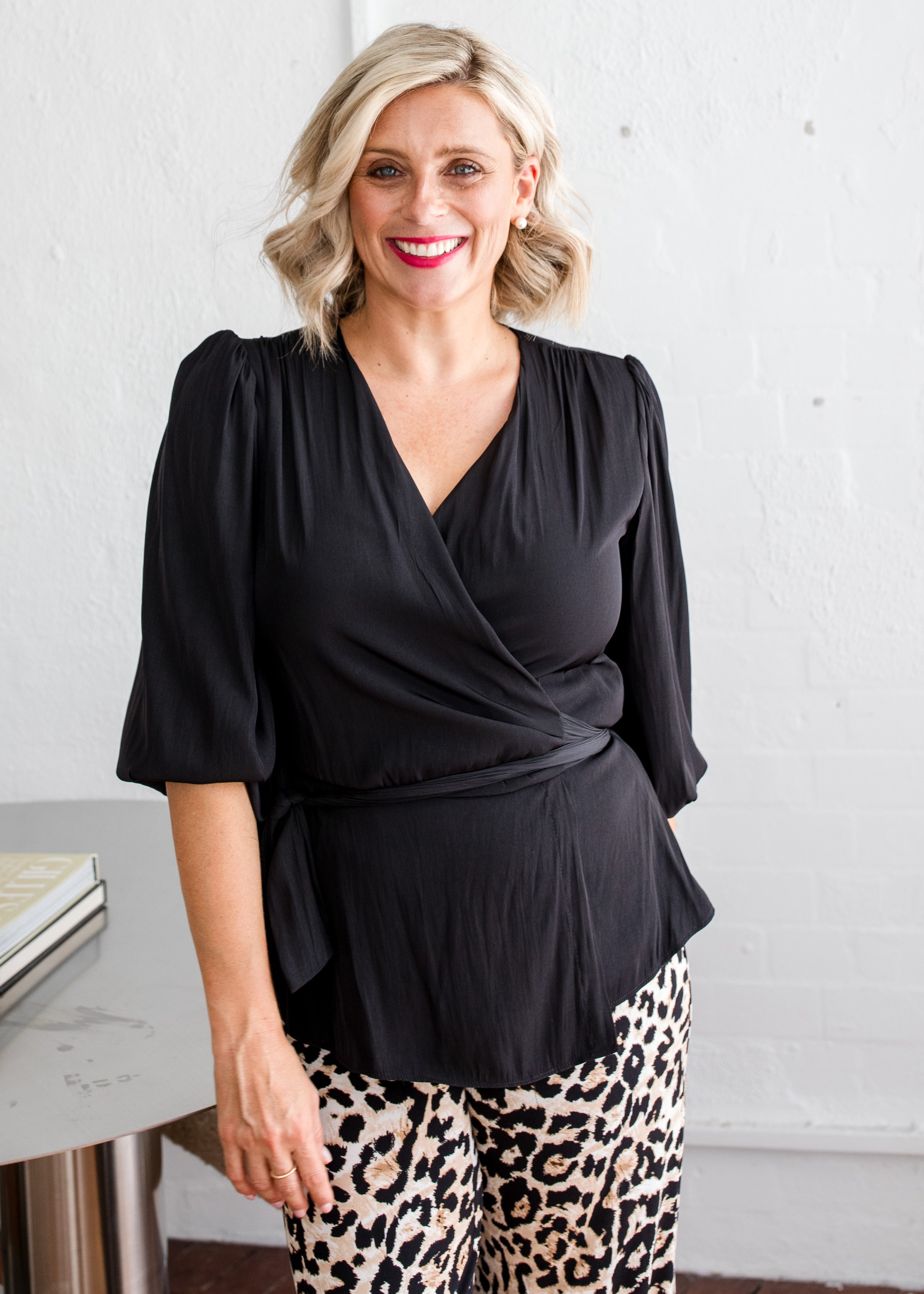 Philosophy Australia Belinda Lustre billow wrap blouse in black, made in Australia