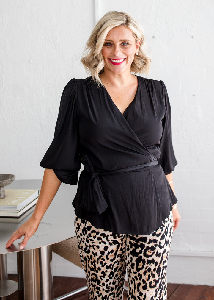 Philosophy Australia Belinda Lustre billow wrap blouse in black, made in Australia