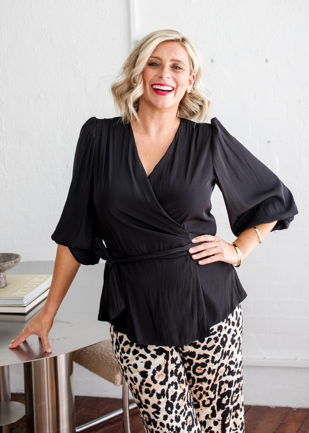 Philosophy Australia Belinda Lustre billow wrap blouse in black, made in Australia