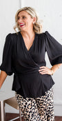 Philosophy Australia Belinda Lustre billow wrap blouse in black, made in Australia