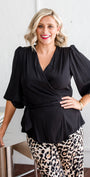 Philosophy Australia Belinda Lustre billow wrap blouse in black, made in Australia