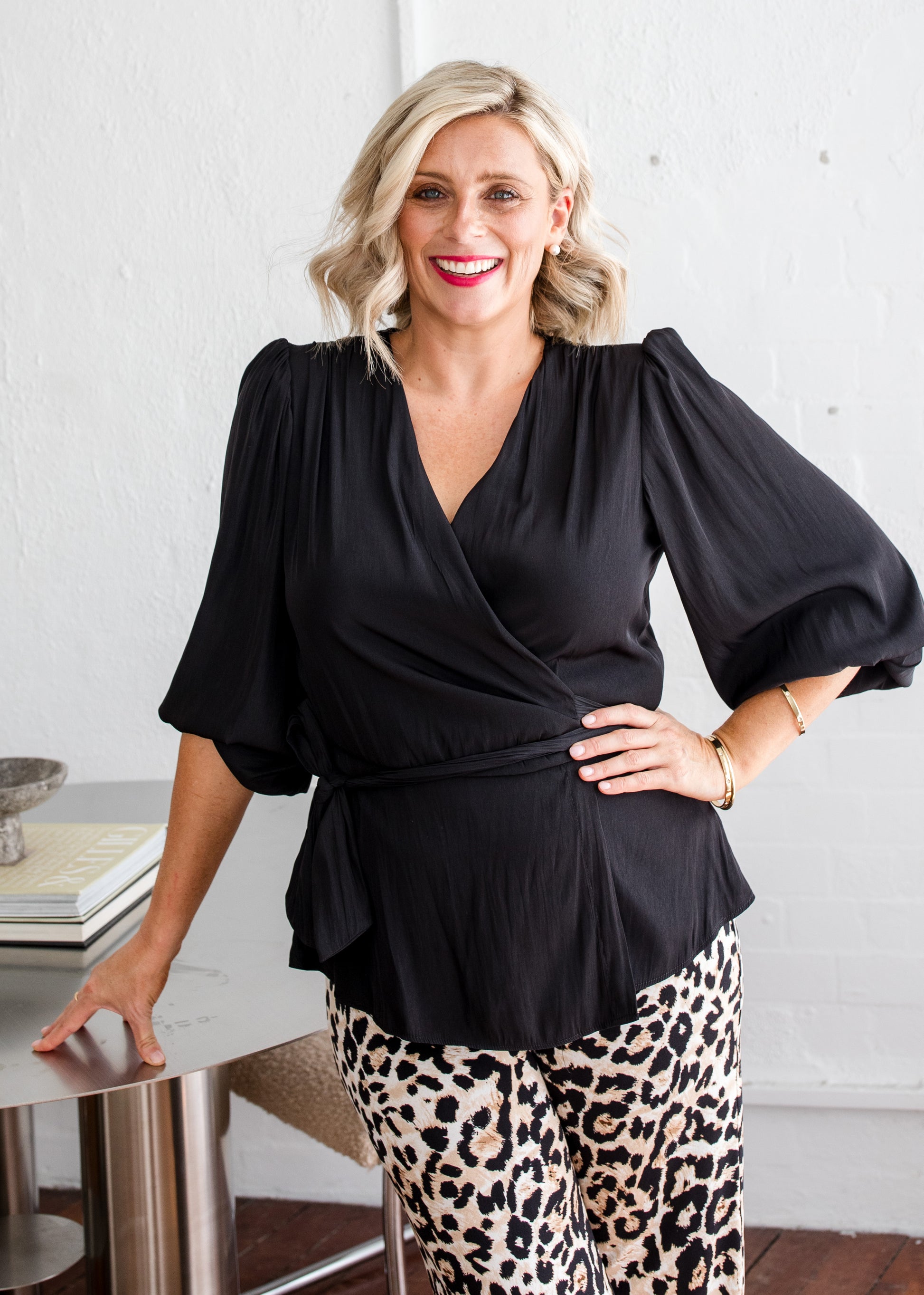 Philosophy Australia Belinda Lustre billow wrap blouse in black, made in Australia