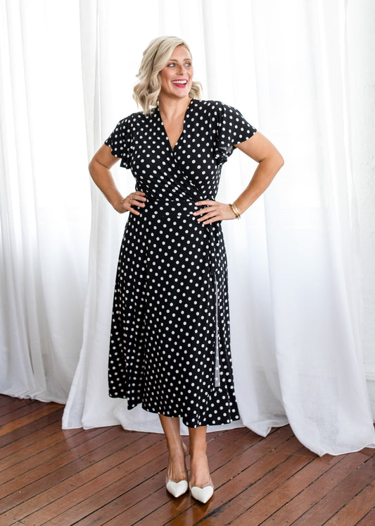 Florida slinky jersey wrap jersey dress in Aria, sustainable slow fashion made in Australia by Philosophy Australia