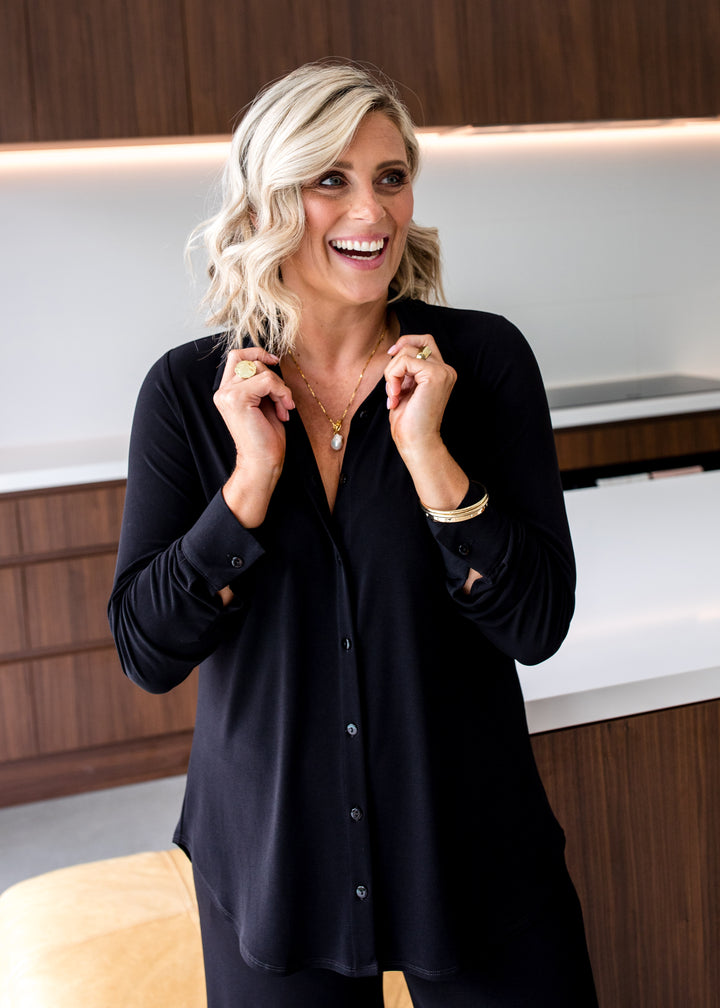 Philosophy Australia Super Foundation jersey shirt in black, sustainable slow fashion made in Australia