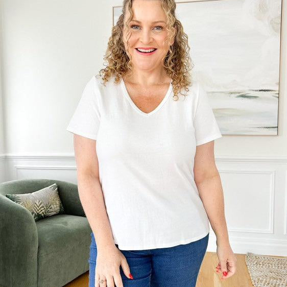 Philosophy Australia ethical women's fashion Kirsten Sprinkling Kindness V neck tee in white, made in Australia