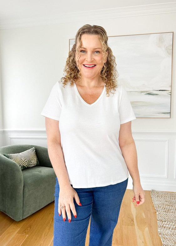 Philosophy Australia ethical women's fashion Kirsten Sprinkling Kindness V neck tee in white, made in Australia