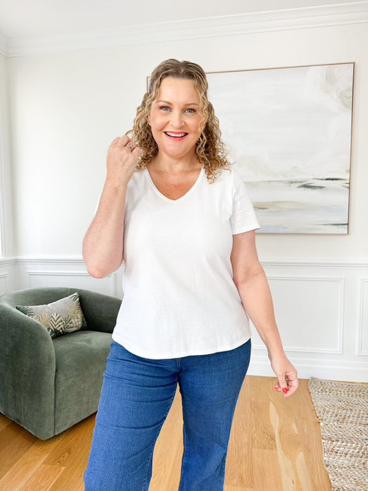 Philosophy Australia ethical women's fashion Kirsten Sprinkling Kindness V neck tee in white, made in Australia