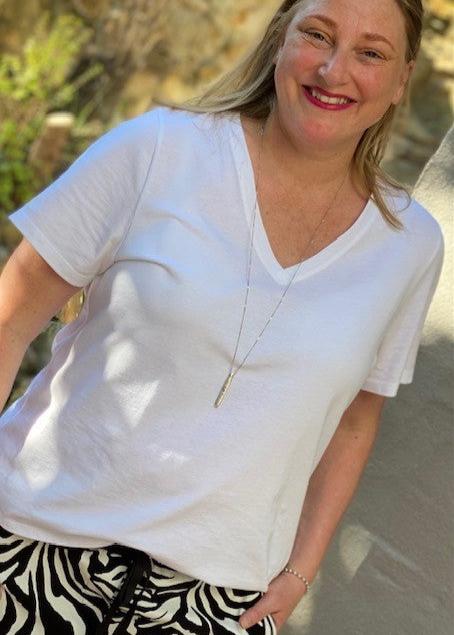 Philosophy Australia ethical women's fashion Kirsten Sprinkling Kindness V neck tee in white, made in Australia