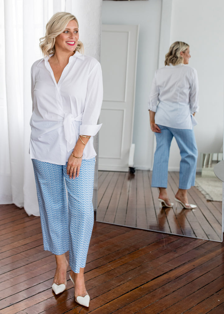 Decible City stretch cotton shirt in white, sustainable slow fashion ethically made in Australia by Philosophy Australia
