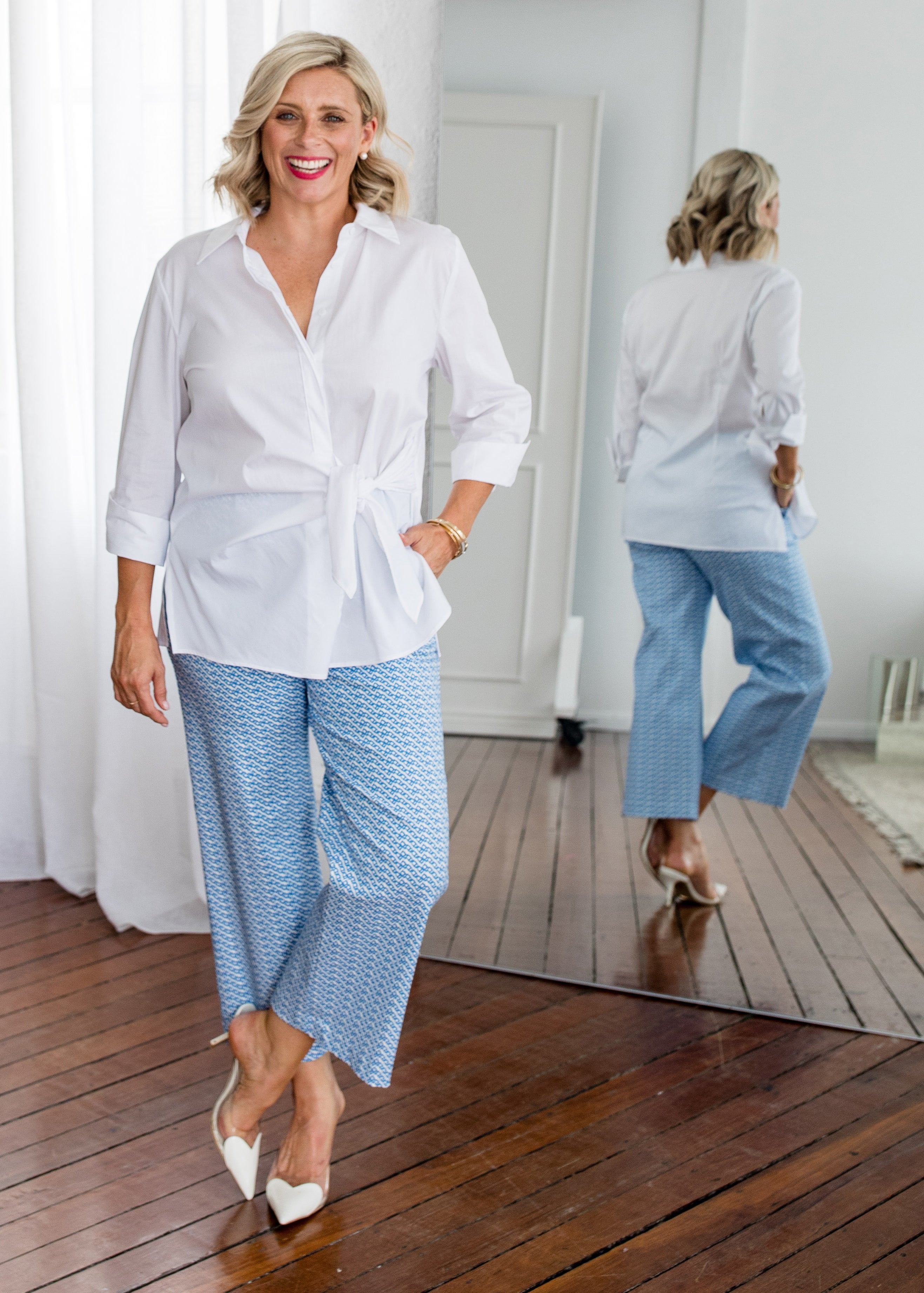 Decible City stretch cotton shirt in white, sustainable slow fashion ethically made in Australia by Philosophy Australia