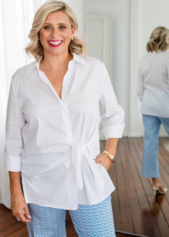 Decible City stretch cotton shirt in white, sustainable slow fashion ethically made in Australia by Philosophy Australia