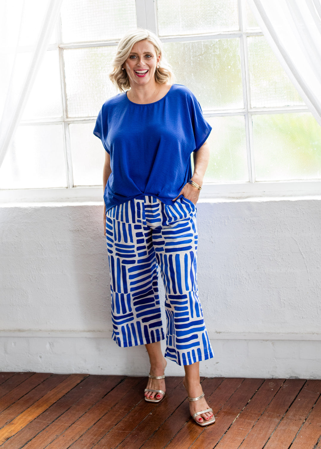 Origami Resort crepe top in cobalt