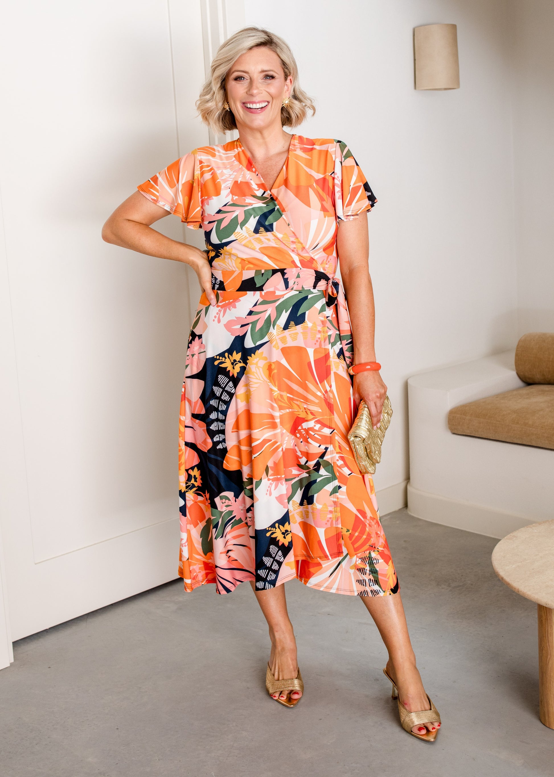 Jersey Wrap Dress with Pockets in Coral and Black Floral Print