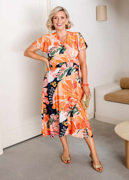 Jersey Wrap Dress with Pockets in Coral and Black Floral Print